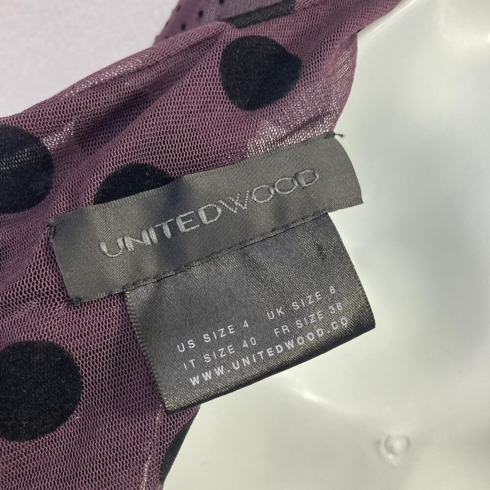 UNITEDWOOD Puff Sleeve Ruched Mesh Dress Womens 4 Purple Black Polka Dot Bodycon - Picture 13 of 14